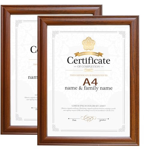 Houstimi 2er-Pack Bilderrahmen A4 Holz Braun Zertifikat Rahmen 21x29,7cm Dokumentenrahmen Diplom Graduierung Bio-Acrylglas Posterrahmen Foto Display Stand für Tischplatte
