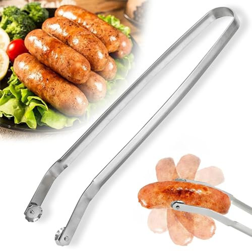 Hysenm Pince tournante à saucisses pour barbecue et retournement, pince de cuisine en acier inoxydable, pince de cuisson à long manche pour retourner le bacon, le steak, la viande, les légumes