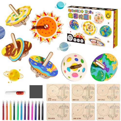 12 Stück Holzkreisel Bausatz für Kinder, Gyroskope Basteln und Deko, Farbiger Pinsel, Glitzersticker, DIY Malen Dekoration