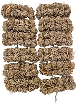 144pcs Brown Mini Artificial Rose Flowers Heads and Soft Stem, PE Flower