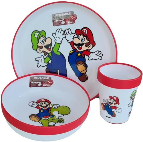 Mehrweggeschirr Set für Kinder Bicolor - Set bestehend aus 3 Teilen: Teller, Müslischüssel und Becher für Babys und Kleinkinder mit rutschfester Unterseite - BPA frei (für MARIO)