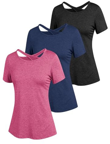 ADOME Damen Sport T-Shirt Funktionsshirt Kurzarm Sportshirt Rundhals Laufshirt Yoga Shirt Damen Schnelltrockend Rückenfreies Oberteil 3er Pack PAT5 XL