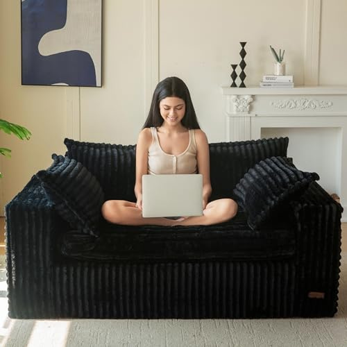MAXYOYO 59 Bean Bag Sofa Couch, Loveseat Boneless Couch in a Box, Upholstered Small Mini Sofa with Deep Seating for Living Room Bedroom Office Apartment, No Assembly, Black