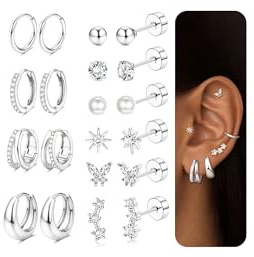 MOGASA 10Pairs Earrings for Women Silver/Gold Stud Hoops Flat Back Earrings | Hypoallergenic Surgical Steel Earrings Set,Cartilage Tragus Sleeper Earrings,Stacked Earrings,Silver Earrings,Gold Earrings