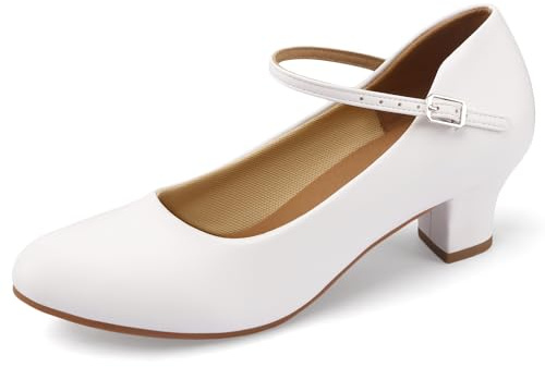 Linodes Economy PU Leather Ankle Strap Character Shoe 2'' Ballroom Dance Shoes Rubber Sole for Women-White-8M
