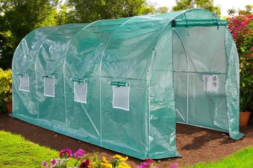 Lendo Online Serra a tunnel 200 x 450 x 200 cm, robusta serra con pellicola in PE resistente ai raggi UV e struttura in acciaio zincato, serra per piante per il giardinaggio di ogni stagione, verde