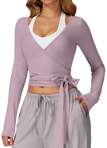 FEOYA Top avvolgente da donna a maniche lunghe con scollo a V e cravatta per yoga, vestibilità aderente, per allenamento, sport, bandage, bolero, Viola, S