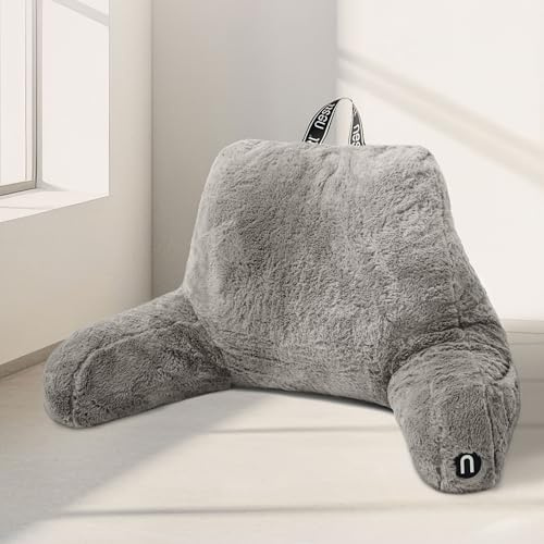 Nestl Fur Reading Pillow with Shredded Memory Foam, Stylish Back Pillow for Bed Sitting Up, Faux Fur Reading Pillows for Sitting in Bed Adult & Kids, Sit Up Back Support Pillow with Arms - Dark Grey