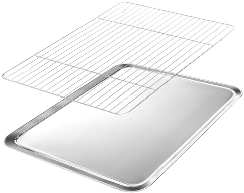 VINATO Set Teglia Forno con Griglia in Acciaio Inox - Teglia Pasticceria 31x24 cm & Raffreddamento, Leccarda Universale, Griglia Forno, Lavabile in Lavastoviglie