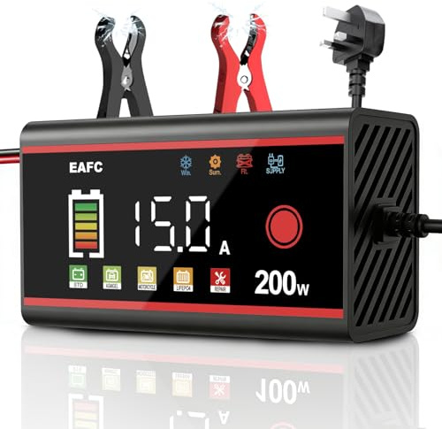 EAFC 15Amp Car Battery Charger 200W, 12V Smart Battery Fast Charger For Car/Truck/Motorcycle GEL, AGM, Wet, SLA, EFB, LiFePO4, etc. with Pulse Repair Mode,Short-Circuit Protection, LCD color display