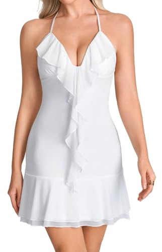 Parthea Womens Floral Halter Neck Ruffle Mini Dress Mesh Backless A Line Party Club Graduation Short Dresses White