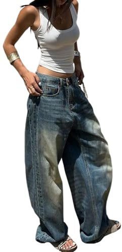 ticticlily Jeans Donna Baggy Vita Alta Pantaloni Denim Larghi Pantalone Gamba Larga Y2K A Blu Scuro L