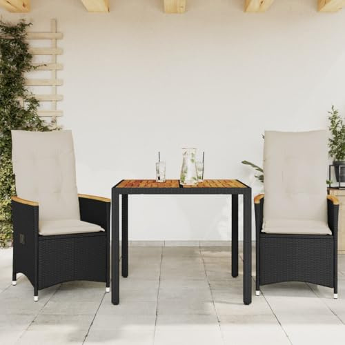 RMIHSJG Ensemble bistro 3 pièces avec coussins en polyrotin noir, meubles de jardin avec dossier réglable et plateau en bois d'acacia, salon de jardin en rotin synthétique résistant aux intempéries