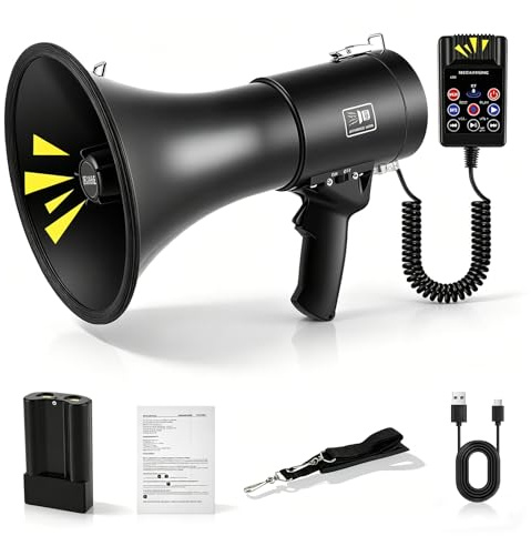 Eirolace Mégaphone 150 W avec Bluetooth et fonction d'enregistrement – Mégaphone avec sirène et microphone, portée jusqu'à 2000 m, haut-parleur stéréo à 360 °, lecture USB, 3 types d'alimentation