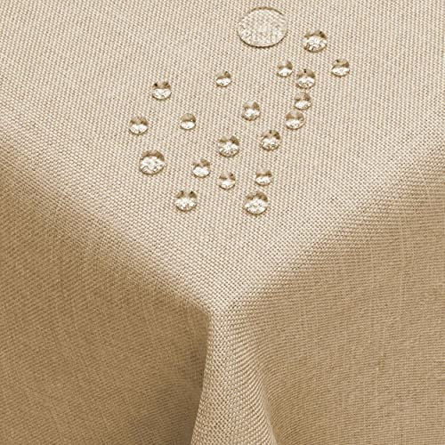 Leinen Optik Tischdecke Tischtuch Tafeldecke Leinendecke Abwaschbar Wasserabweisend Eckig 130 x 220 cm Beige Sand Fleckschutz Pflegeleicht mit Saumrand Leinentuch