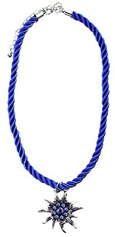 Alpin-Trachten 927 Collier de costume traditionnel avec pendentif edelweiss serti de strass et cordon en satin - Bleu - Taille unique