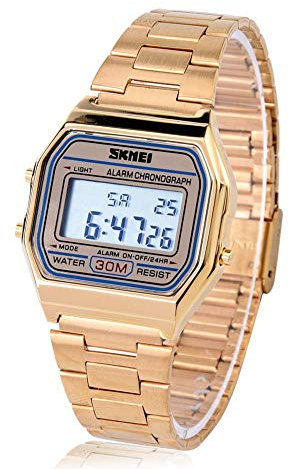 Armbanduhr Elektronische Uhr 3Colors Digital LED Rücklicht Elektronische Uhr-Rechteck mit Edelstahl Bügel (Gold)