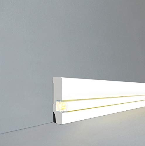 LED/Licht Fuß- u. SockelleistenFürth 58 x 13 mm MDF foliert / 721.1358L | LED Sockelleiste | Lichtleiste | Inklusive weißer Abdeckung| Profisockelleisten Weiß