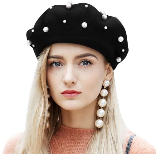 Black Beret Hats for Women Classic Pearl Wool French Beret Hat for Women Girls Elegant Fall Outfit Party Travel Winter Accessories