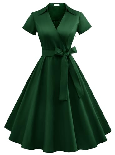 Timormode 1950s Dresses for Women Vintage Short Sleeves Swing Rockabilly Dress A line Cocktail Party Dresses TM10084Darkgreen 3XL