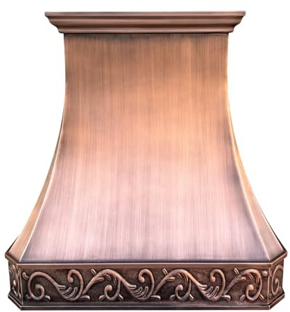 SINDA Hammered Copper Kitchen Oven Hood with Efficient Range Hood Insert, 30W x 36H, Smooth-Antique Copper, Island Mount, H3LSCI3036