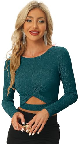 Allegra K Mujer Top Lentejuelas Torcido Manga Larga Escote Recortado Corto