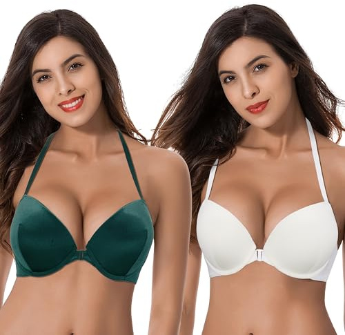 Curve Muse Push up da Donna Aggiungere 1 Tazza e Mezza, Capestro Davanti-Vicino, Reggiseni con Ferretto-Confezione da 2-Bianco, Verde Dk-9C