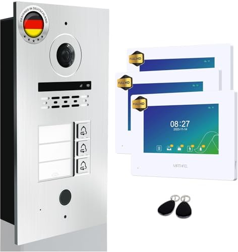 MATHFEL 2 Draht Bus Technik 3 Familienhaus Video Türsprechanlage Gegensprechanlage Fischaugenkamera 170 Grad, 3x7'' Monitor in weiß. Fingerprint und RFID Leser mit 2 Chips