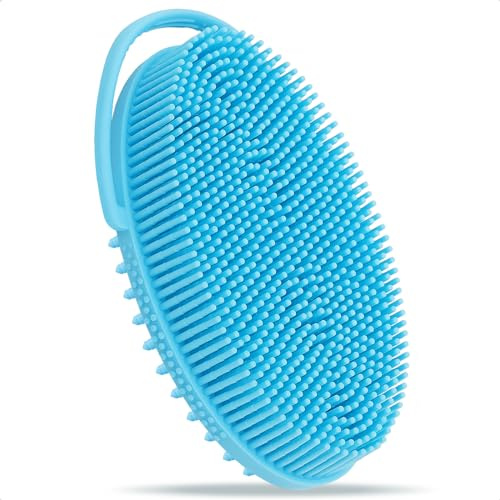 FREATECH Körperbürste mit Elastisch Gurt und 2-seitigen Silikonborsten Als Badebürste & Massagebürste, Duschbürste für Peeling und Cellulite Entfernen, Hygienischer & Langlebiger Als Luffa, Hellblau