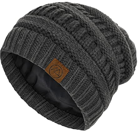 Beanies Women Satin Lined Beanie Winter Hats for Women Silk Lined Slouchy Beanie for Winter Warm Knit Cuffed Beanie Hat Dark Grey