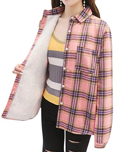 Minetom Camicia Quadri Donna Manica Lunga Bluse Casual Caldo Autunno Inverno Fodera in Pile Boyfriend Shirt Top Camicetta Giacca Rosa+Viola S