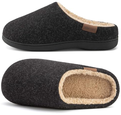 VeraCosy Men's Fuzzy Slip-on Slippers Warm Comfy Memory Foam Non-slip Indoor House Shoes Black, 12-13 UK