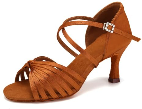 Chaussures de Danse Latine Femme Bout Ouvert Satin Talon Latine Sandales | Chaussures de Danse de Salon Professionnelles en Satin Pour Salsa, Bachata, Tango, Talon 7,5 cm, Semelle en Daim