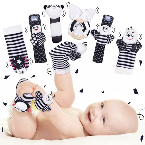 Funblitz Jouet Bebe 0-12 Mois, Hochet Bebe 0-12 Mois Jouets D'éveil Grelot pour Hochet Bébé Cadeau Naissance 0-12 Mois Jouet Nourrisson 0-3 Mois Montessori Chaussettes pour Bébés Noires et Blanches
