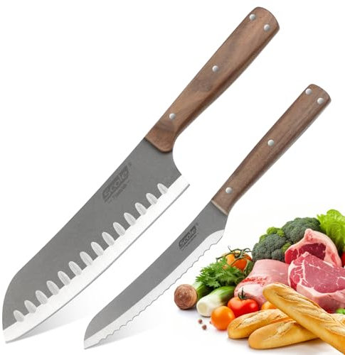 SCOLE® Messerset, Küchenmesser Set 2-tlg, Ultra Scharfes Kochmesser set, Santoku-Messer und Allzweckmesser mit wellenschliff Holzgriff Fleisch, Brot, Obst, Gemüse
