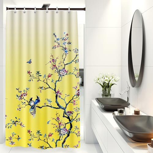 LIVETTY Yellow Bird Floral Shower Curtain 90cm × 180cm Mould Proof Butterfly Fabric Bathroom curtain For Women & Men With 12 Hooks Washable Quick-Drying Curtains
