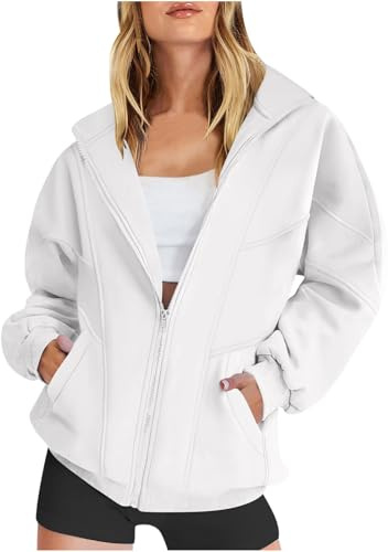 Guhmomh Sweatjacke Damen Strickjacke Übergangsjacke Jacke Pullover Sweatshirt mit Tasche Freizeit Einfarbig Winterjacke Oberteile Blusenjacke Lässig Thermoshirts Casual Reißverschluss Mantel Weiß M