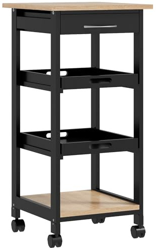HOMCOM Carro de servicio de cocina con ruedas 2 bandejas extraíbles cajón, estante roble claro madera pino negro
