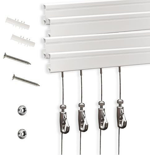 Sistema appendere quadri innovativo, include 4 guide per quadri da 61 cm, 4 ganci da 2 m e accessori per l'installazione, kit elegante