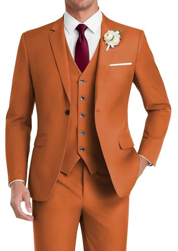 HUUTOE Costume 3 pièces élégant pour mariage, bal de fin d'année, affaires, blazer à un bouton, veste gilet et pantalon, smoking, pour homme, personnalisable, orange brûlé, Taille M