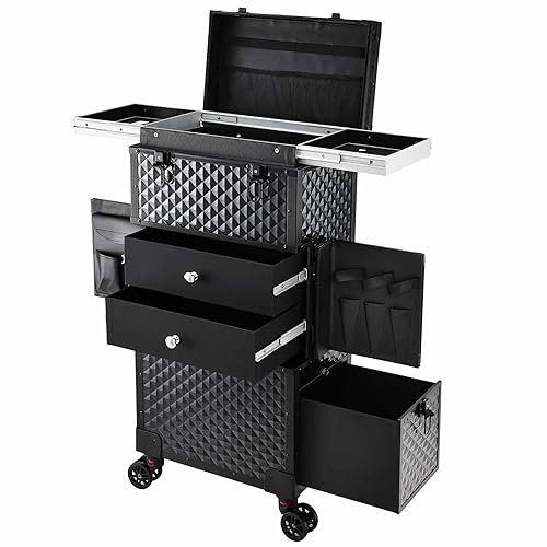 Friseurkoffer Kosmetik Trolley mit 3 Schubladen Make up Koffer Schminkkoffer Friseur Box mit Haartrocknerhalterung Beauty Case Multikoffer,Schwarz