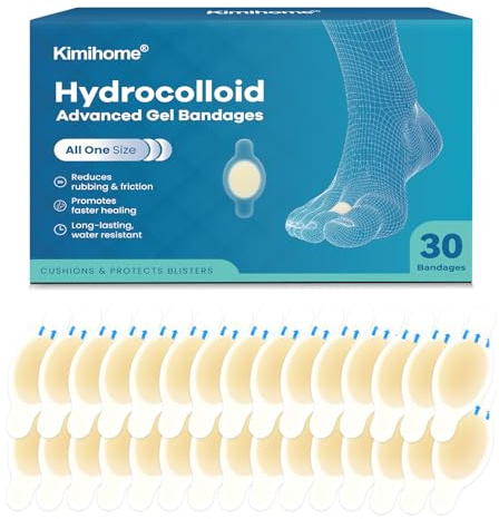 Kimihome Hydrocolloid Blister Bandages for Feet - 30ct Gel Blister Bandages - Blister Cushions for Heel, Toe - Blister Prevention for Travel - Water Resistant Bandages Pads (Toe Pack)