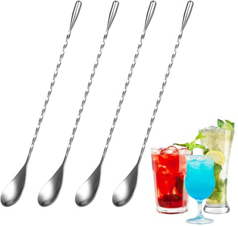 4 Bar Spoon - Cucchiaio Cocktail - Cucchiaini Lunghi, 25cm, Edelstahl, Longdrink Rührer con Spiralmuster e Spiegelpolitur, Stilvolle Design, Perfetti per Martini, Cocktail, Caffè e Shaker