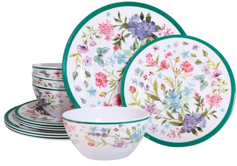 Melamine Dinnerware Set 12-Piece for 4 Dish Set Plates Bowls Unbreakable Dishware for Indoor Outdoor Use Lightweight Durable for Camping Picnics Parties Green