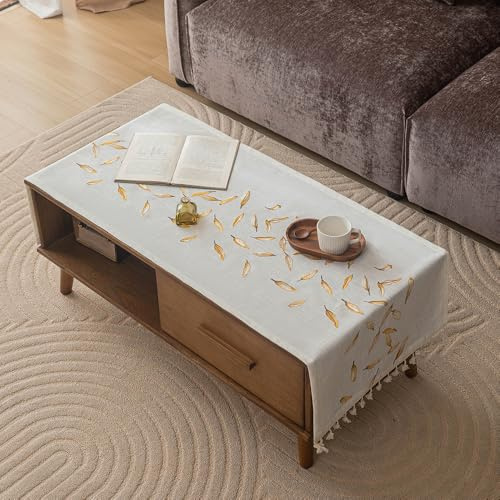 Housse de table basse avec pompons - Nappe en coton lin imperméable, chemin de table rectangulaire brodé moderne minimaliste rustique protection anti-poussière pour salon table à manger réfrigérateur