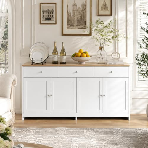 Credenza, cassettiera con 4 ante e 3 cassetti, credenza con ripiani regolabili, armadietto a buffet, per soggiorno, sala da pranzo, cucina, corridoio, natura e bianco (bianco, 160 x 37 x 75)