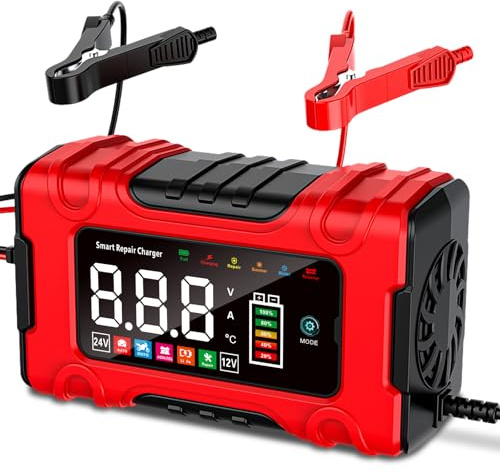 10A Carica Batteria per Auto, 12V/24V Caricabatterie Mantenitore con Modalità di Riparazione e Carica di Mantenimento per Auto, Moto e Camion, Batterie AGM, GEL, Wet, SLA e LiFePO4
