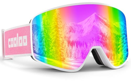 COOLOO Skibrille Kinder, Ski Brille für Brillenträger 100% UV-Schutz & Anti Fog Auswechselbare Linsen Rutschfestes Kopfband Kompatibler Helm Snowboardbrille für Kinder 3-14 Jahre