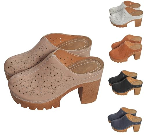 Zuecos de madera para mujer con tacón de bloque - Sandalias clásicas de imitación de piel de alta calidad - Zuecos cómodos y antideslizantes con talón abierto - Zapatos versátiles para oficina y ocio