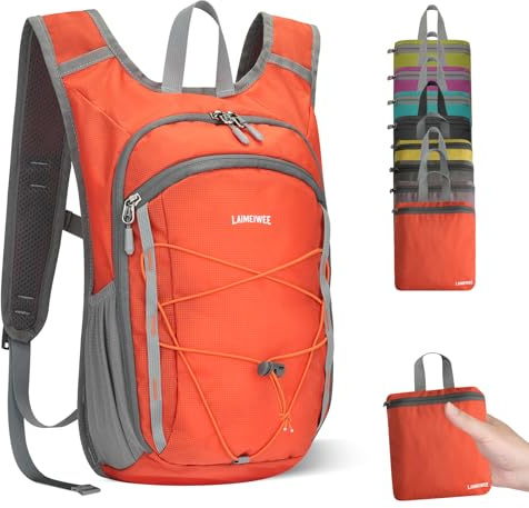 LAIMEIWEE Lätt vikbar vandringsryggsäck – 13 L liten ryggsäck för män och kvinnor, vattenavvisande reseväska, packbar dagsryggsäck för promenader, camping, sport och utomhus, Orange, S, Kompakt